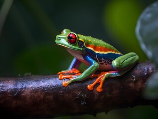 Obraz premium AI generated illustration of a small red-eyed tree frog perched on a tree branch