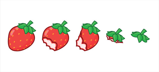 Sequence of bitten whole strawberry. Whole strawberry bitten to waste on a white background.