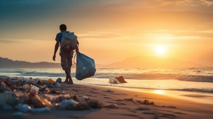 Save water. Volunteer pick up trash garbage at the beach and plastic bottles are difficult decompose prevent harm aquatic life. Earth, Environment, Greening planet, reduce global warming, Save world