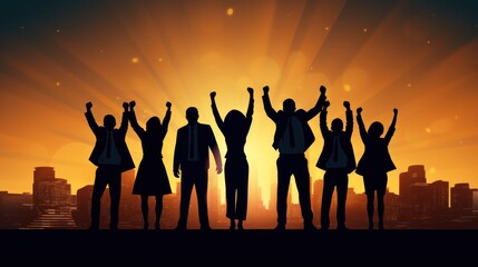 Fototapeta premium Silhouette of business team stand and feel happy on the most hight at stand on sunset, success, leader, teamwork, target, Aim, confident, achievement, goal, on plan, finish, generate by AI