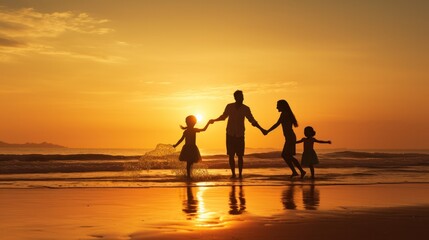 Fototapeta na wymiar Silhouetted Happy Asian Family Playing And Having Fun On The Beach At Sunset. Recreation, relax, holiday, vacant time.
