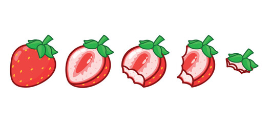 Sequence of bitten sliced strawberry. Strawberry sliced in half and bitten on a white background.