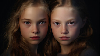 A studio portrait of two young sisters or friends. Love and togetherness and lasting friendship. 