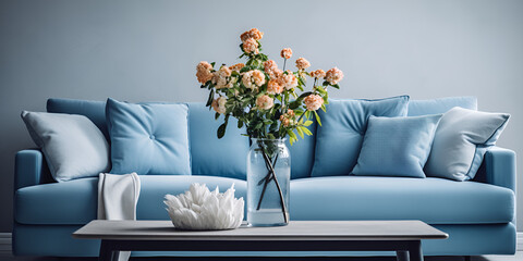 A room with a couch and a table with a blue pillow .Interior with blue sofa and table. Azure Comfort: Room with Blue Sofa, Table, and Pillow.