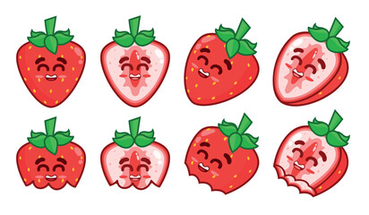 Set of laughing strawberries. Animated fruit character. Whole strawberries, halves, and bitten ones.