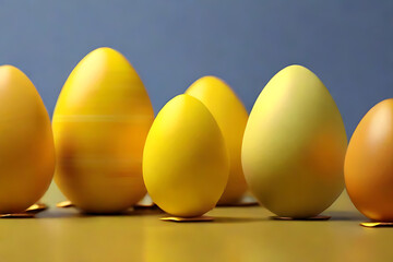 A group of easter eggs with a yellow egg on the right.