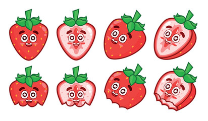 Set of excited strawberries. Animated fruit character. Whole strawberries, halves, and bitten ones.