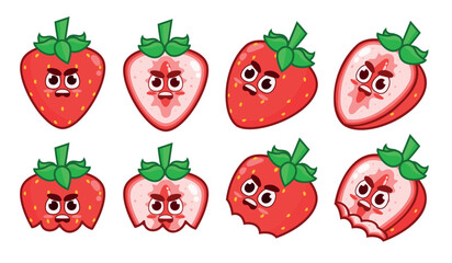 Set of angry strawberries. Animated fruit character. Whole strawberries, halves, and bitten ones.