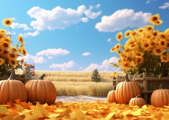 Naklejka na ściany i meble AI generated illustration of orange pumpkins and yellow flowers in a sunny autumnal field