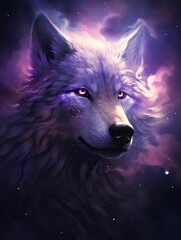 AI generated illustration of a wild gray wolf illuminated by a bright, vivid light in a dark setting