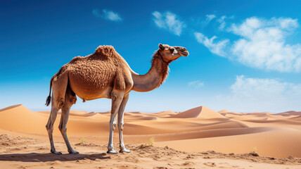 Camel stands at the ready, awaiting tourists for a sandy trek
