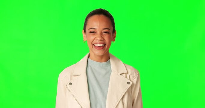 Business woman, wink and face by green screen for secret, comic joke and laughing by studio background. Entrepreneur, happy smile and funny sign with eyes for deal, promo and fashion with chroma key