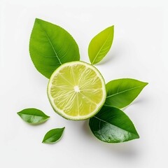 AI generated illustration of a fresh, juicy lime with green leaves on a white background