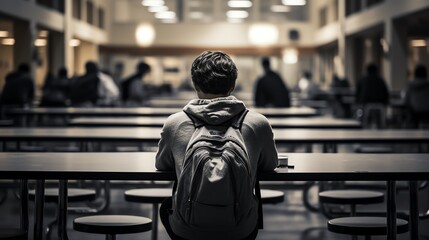 A student sitting alone at a lunch table, a solitary figure in the midst of the bustling chaos that is high school life. It's a universal moment of introspection. - obrazy, fototapety, plakaty