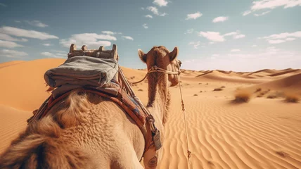 Fotobehang Serene desert rides on the sturdy back of a camel © deafebrisa