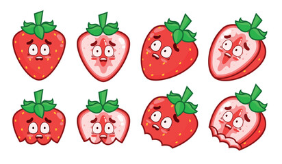 Set of scared strawberries. Animated fruit character. Whole strawberries, halves, and bitten ones.