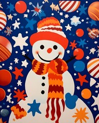 Naklejka premium a blue and orange snowman with a scarf, hat and stars