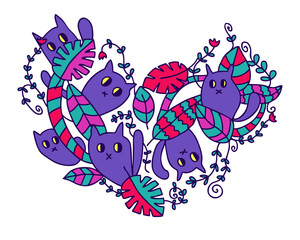 Heart shaped doodle pattern with cute cats in the jungle. Love for pets concept. Bright colors.  Hand drawn vector illustration for any purpose.