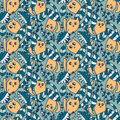 Naklejka premium Hand drawn seamless pattern with cute cats in the jungle. Perfect print for tee, paper, textile and fabric. Doodle vector illustration.