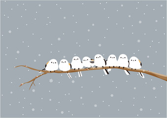 雪の結晶が降る中、集団で木に止まっているシマエナガのイラスト