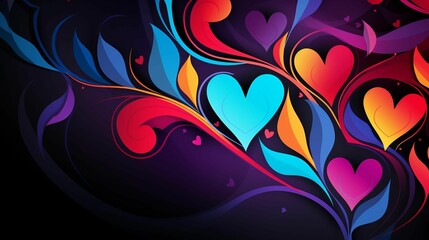 AI generated illustration of a vibrant background with neon-colored hearts with a blue background