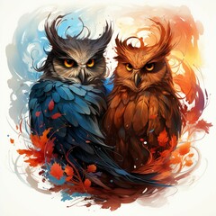 AI generated illustration of majestic owls  perched side-by-side on a tree branch