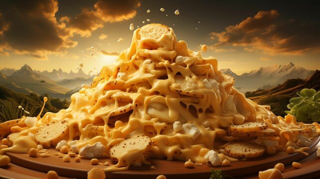 AI generated illustration of a pile of smashed potatoes with melted cheese on top