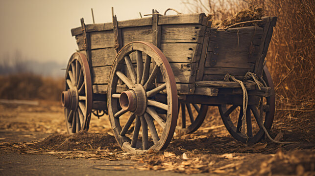 An old wooden wagon sitting in the middle of a field