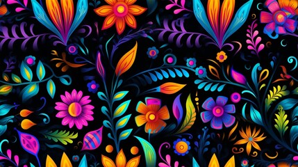 AI generated illustration of a vibrant array of multicolored abstract flowers on a dark backdrop