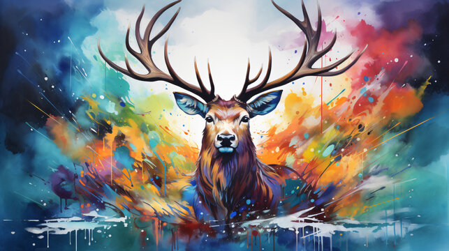 A colorful illustration of a deer stag surrounded by splashing colors