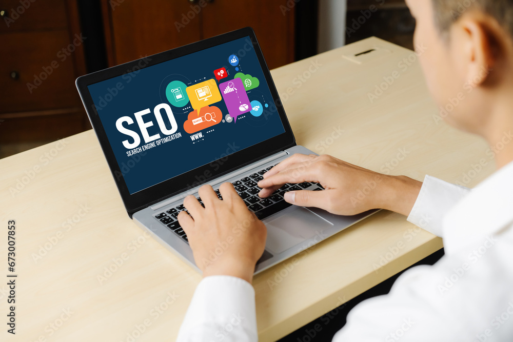 Aufkleber seo search engine optimization for modish e-commerce and online retail business showing on computer 