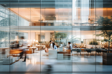 An abstract blurred office interior background at a cutting-edge design studio office in Tokyo. Showcase the fusion of modern design and traditional Japanese influences in the workspace.