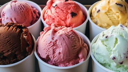 AI generated illustration of ice cream in various flavors in cups