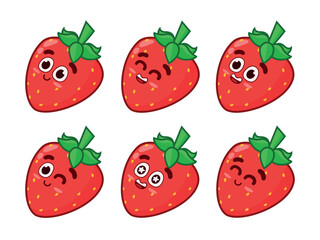 Set of cute happy strawberries. Animated fruit character. Whole strawberries on a white background.