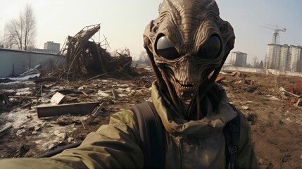 AI generated illustration of an alien taking a selfie near the debris of a destroyed urban area