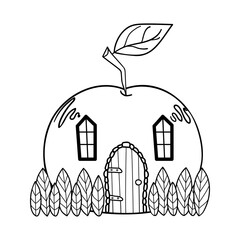 Coloring book page. Fairy tale apple house. Children's vector illustration.
