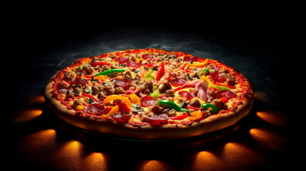 AI-generated illustration of a supreme pizza against a dark background.