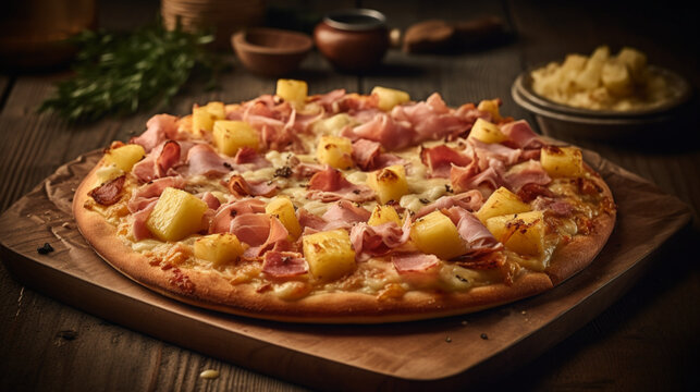 Fototapeta AI-generated illustration of Hawaiian pizza with toppings of pineapple and ham.