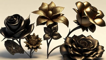 AI-generated illustration of a variety of roses in hues of gold and black