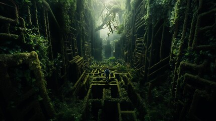 Ominous and dark maze in an eerie atmosphere, AI-generated. - obrazy, fototapety, plakaty
