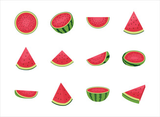 Collection of fresh and juicy red watermelon half, slice, triangle. Summer watermelon set cartoon illustration set.