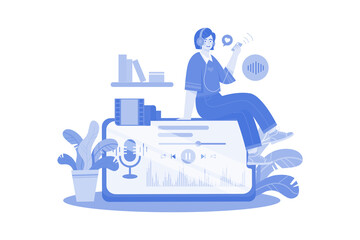 A Girl Listening Podcast Audio Illustration concept on white background