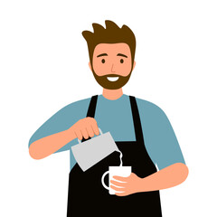Smiling man barista wearing apron standing whipped milk into the coffee mug. Coffee shop, coffee time and take away concept. 