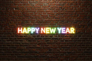 Fotobehang 3d text animation happy new year on a brick background. colorful neon sign happy new year 2024 in suitable for design business or flyer, advertising and etc . © mim232