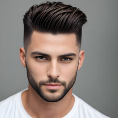 Man with fringe up haircut on gray background