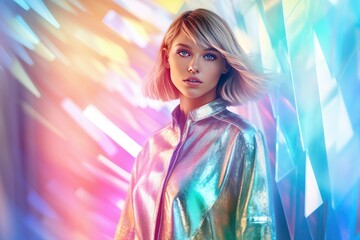 Ethereal beauty captured amidst a cascade of vibrant lights and prismatic reflections.