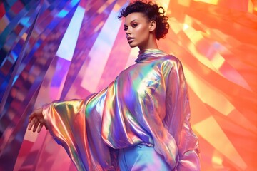 Mesmerizing portrait of a woman draped in iridescent fabric against vibrant geometric patterns. - obrazy, fototapety, plakaty