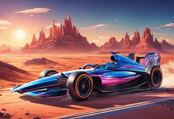 AI generated illustration of a sleek blue sports car travelling along a scenic desert highway - obrazy, fototapety, plakaty