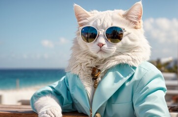 Cute tabby cat wearing fashionable sunglasses lying on the beach