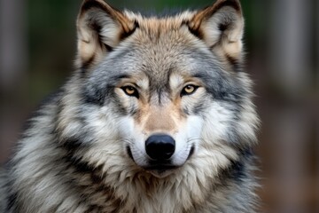 Wolf with dense fur coat gazes forward, surrounded by seasonal colors. Biodiversity and wilderness.